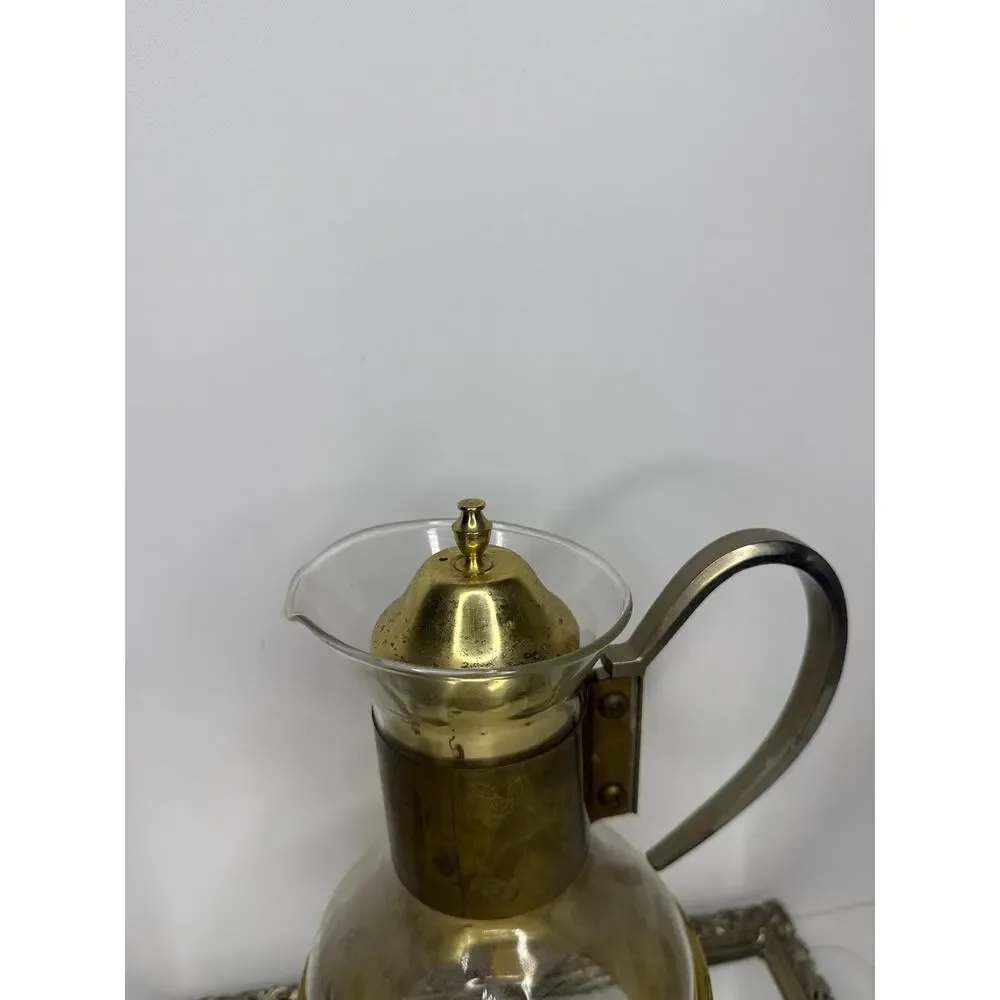 Vintage Princess House Coffee Tea Glass Carafe Warmer Pitcher With Brass Base